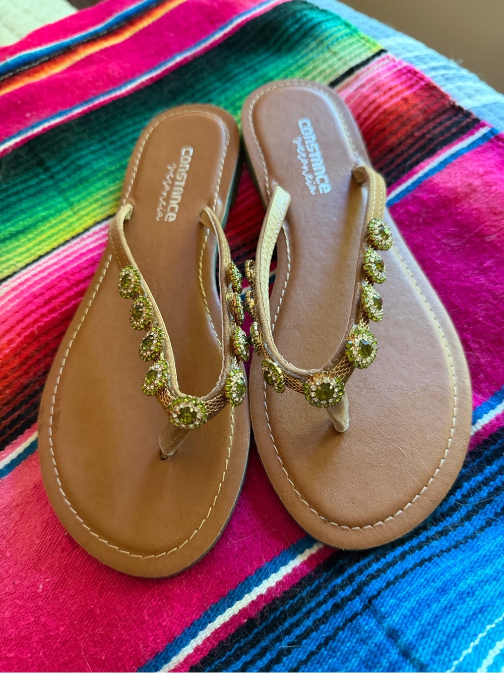 Constance Tan Flip-Flop Sandals with Gold and Green Beading US8